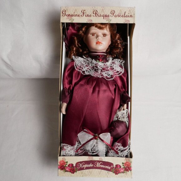 Dan Dee Fine Bisque Porcelain Doll In Burgundy Dress With Lace & Bow LE NIB - Picture 1 of 11